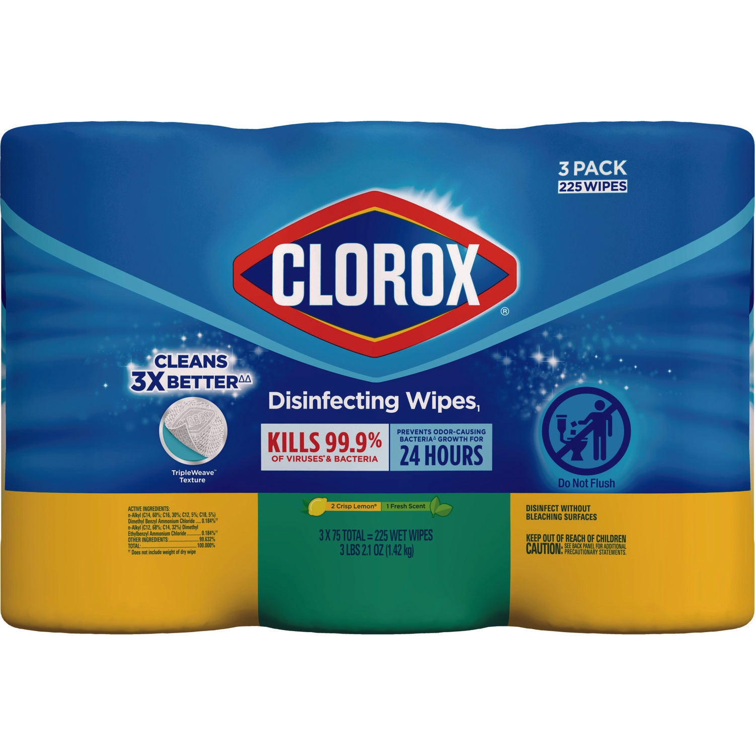 Clorox Disinfecting Wipes, Value Pack, Bleach Free Cleaning Wipes, 1-Ply, 7x8, Fresh Scent\u002FCitrus Blend, White, 75 Wipes per Canister, 3 Canisters per Pack Sold as 1 Pack