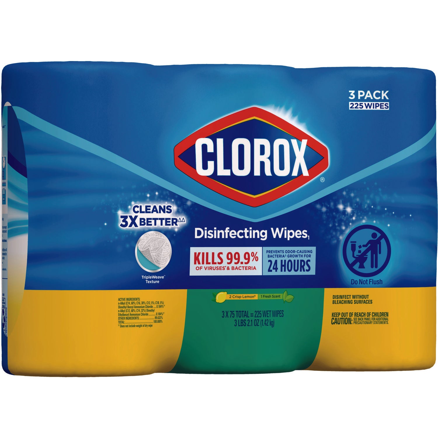 Clorox Disinfecting Wipes, Value Pack, Bleach Free Cleaning Wipes, 1-Ply, 7x8, Fresh Scent\u002FCitrus Blend, White, 75 Wipes per Canister, 3 Canisters per Pack Sold as 1 Pack