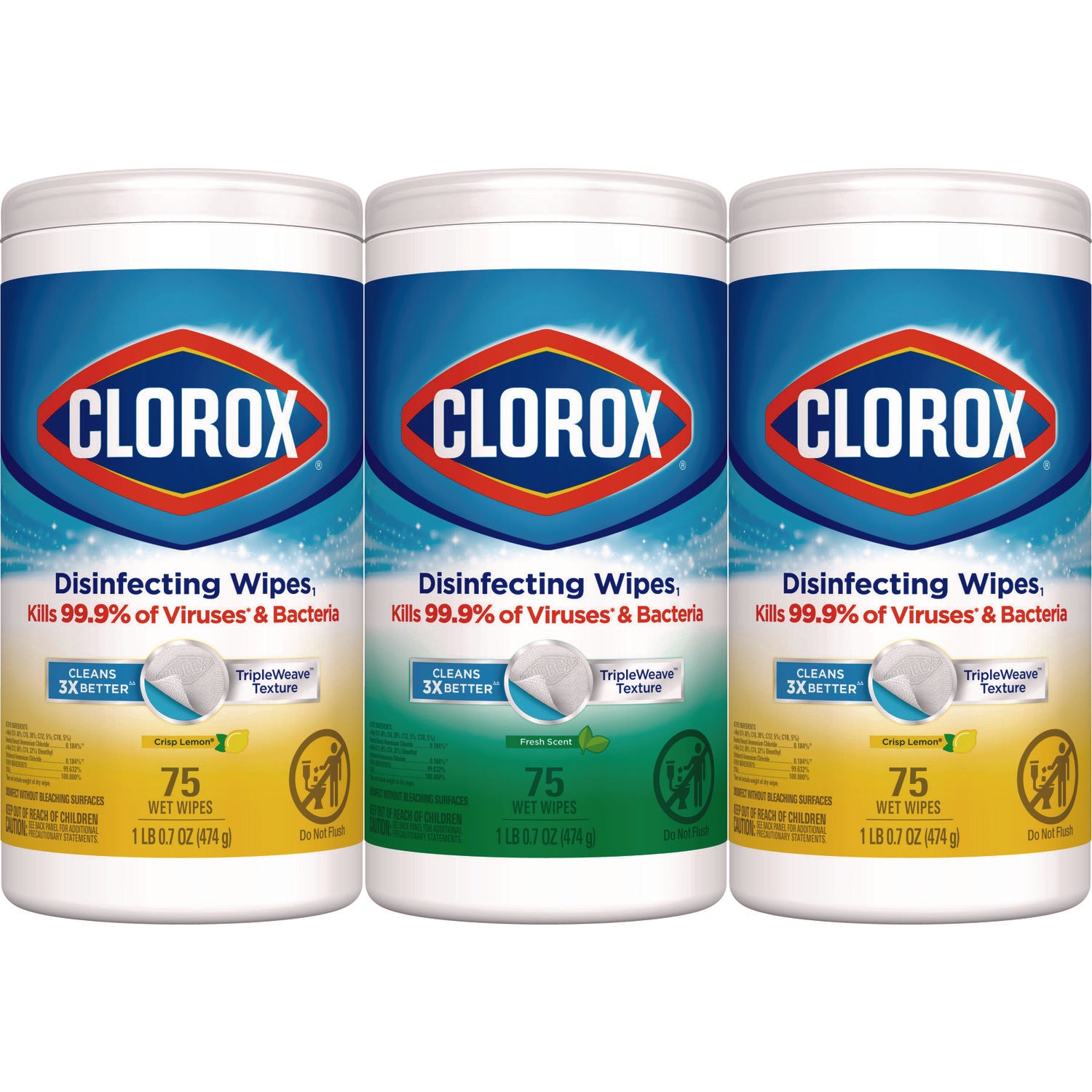 Clorox Disinfecting Wipes, Value Pack, Bleach Free Cleaning Wipes, 1-Ply, 7x8, Fresh Scent\u002FCitrus Blend, White, 75 Wipes per Canister, 3 Canisters per Pack Sold as 1 Pack